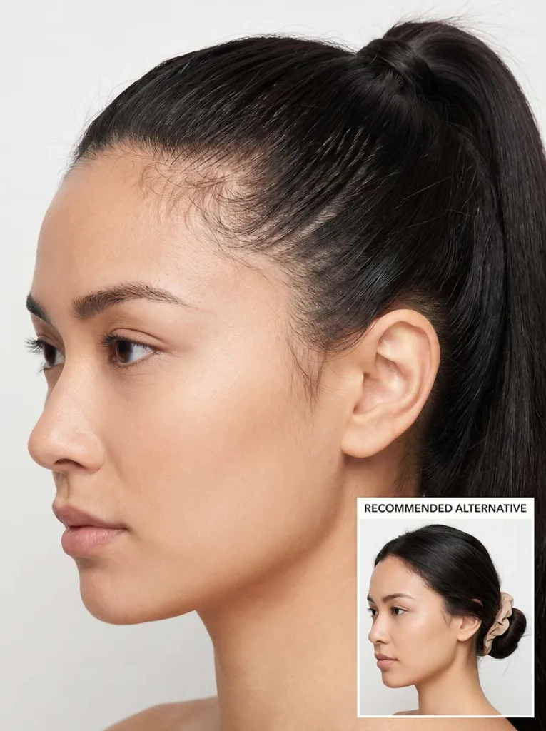 tight hairstyles causing traction alopecia — high ponytail pulling hairline with visible tension