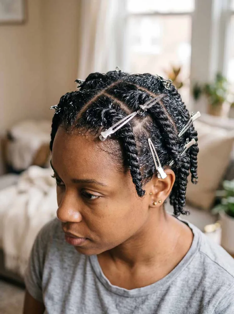 Twist and clip method for heatless beach waves — hair coiled and clipped flat against head
