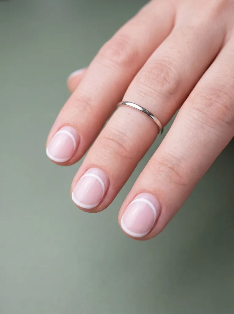 White curved arc nail art on short round nails, fair skin, blush base — editorial side-angle shot on sage backdrop