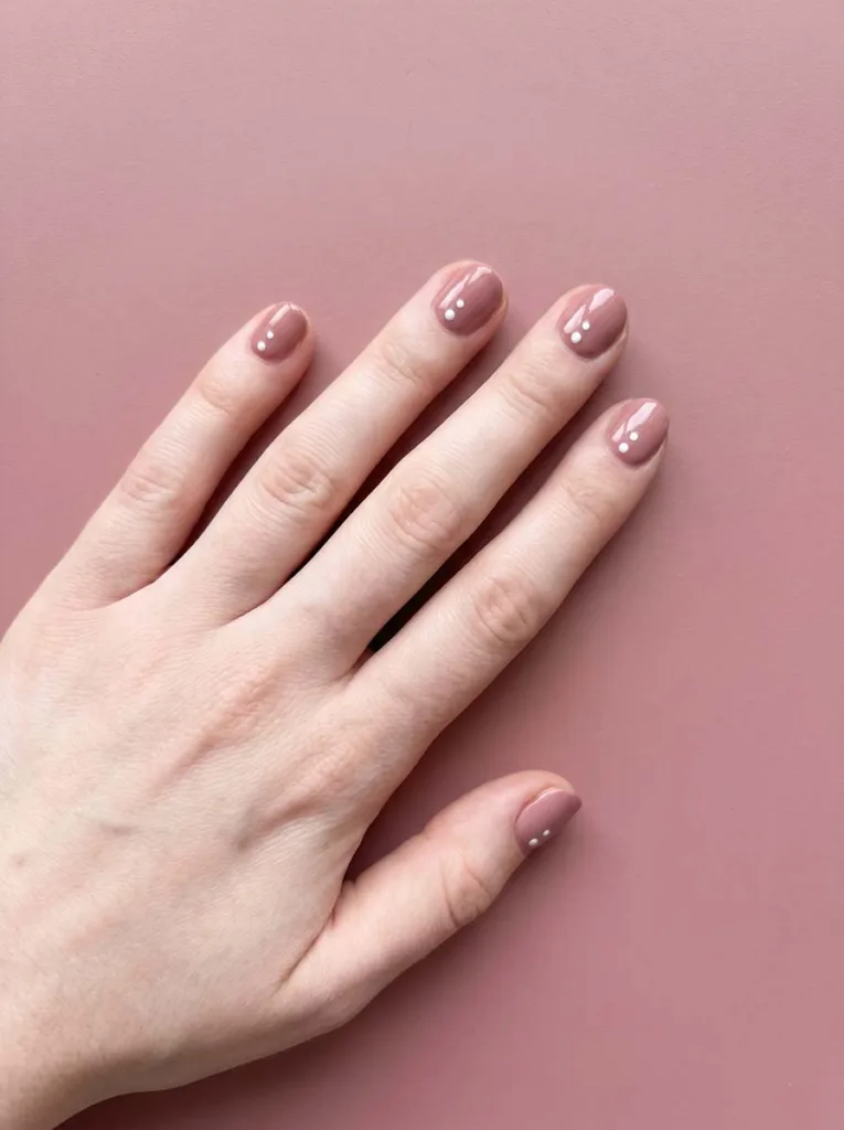 White dot nail art on short round nails, fair skin on dusty rose surface — editorial overhead shot
