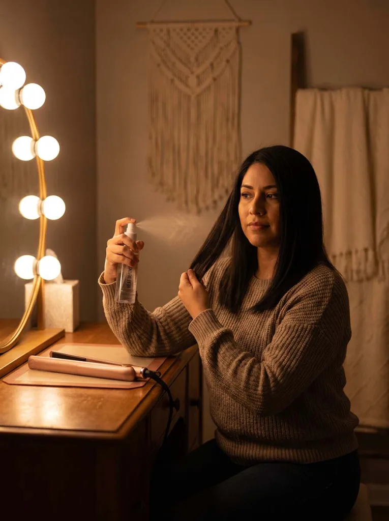 woman spraying heat protectant on dry hair sections before using flat iron at beauty vanity with warm lamp lighting