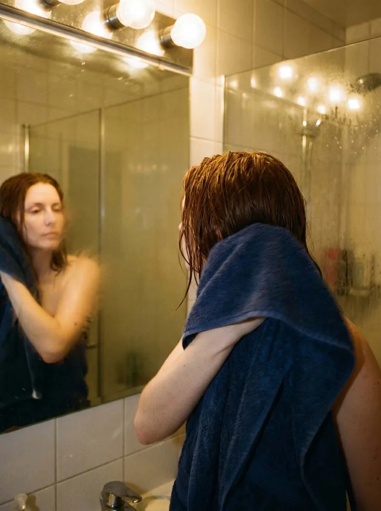 woman aggressively rubbing wet hair with a terry cloth towel causing friction and mechanical hair breakage in bathroom mirror