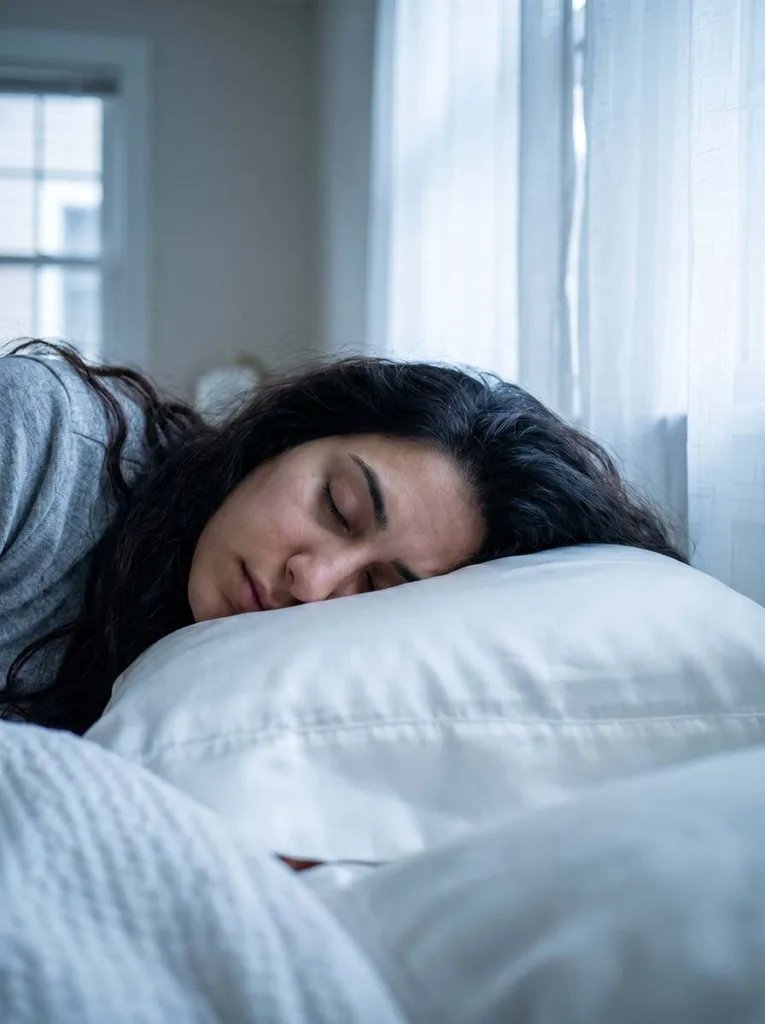 woman sleeping peacefully on a white silk pillowcase in soft morning bedroom light representing the connection between sleep and healthy hair growth