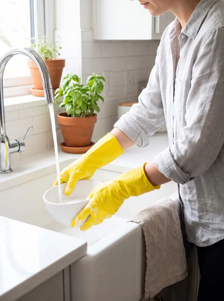woman wearing yellow rubber gloves washing dishes at kitchen sink to protect nails from water damage
