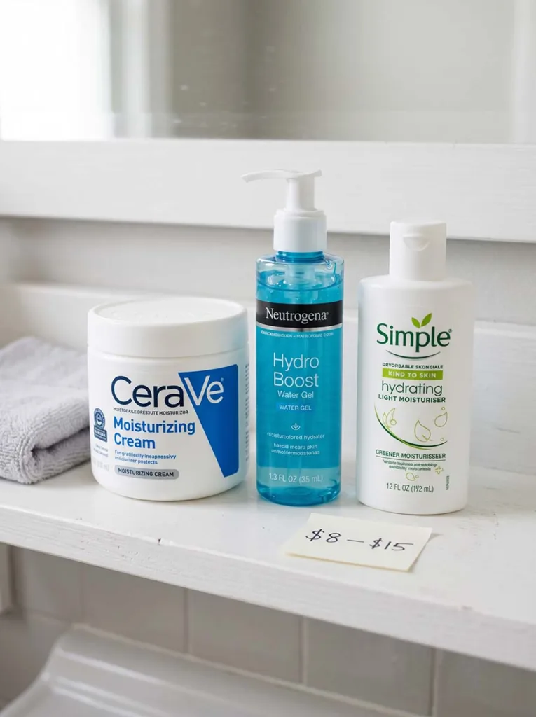 Three affordable drugstore summer moisturizer products placed on a clean bathroom shelf, representing the best budget skincare picks under fifteen dollars