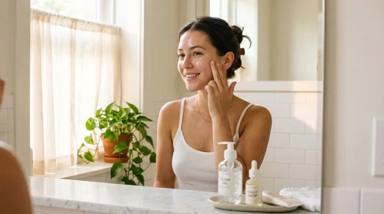 A woman with glowing, well-hydrated skin applying a lightweight gel moisturizer in a bright summer morning bathroom setting