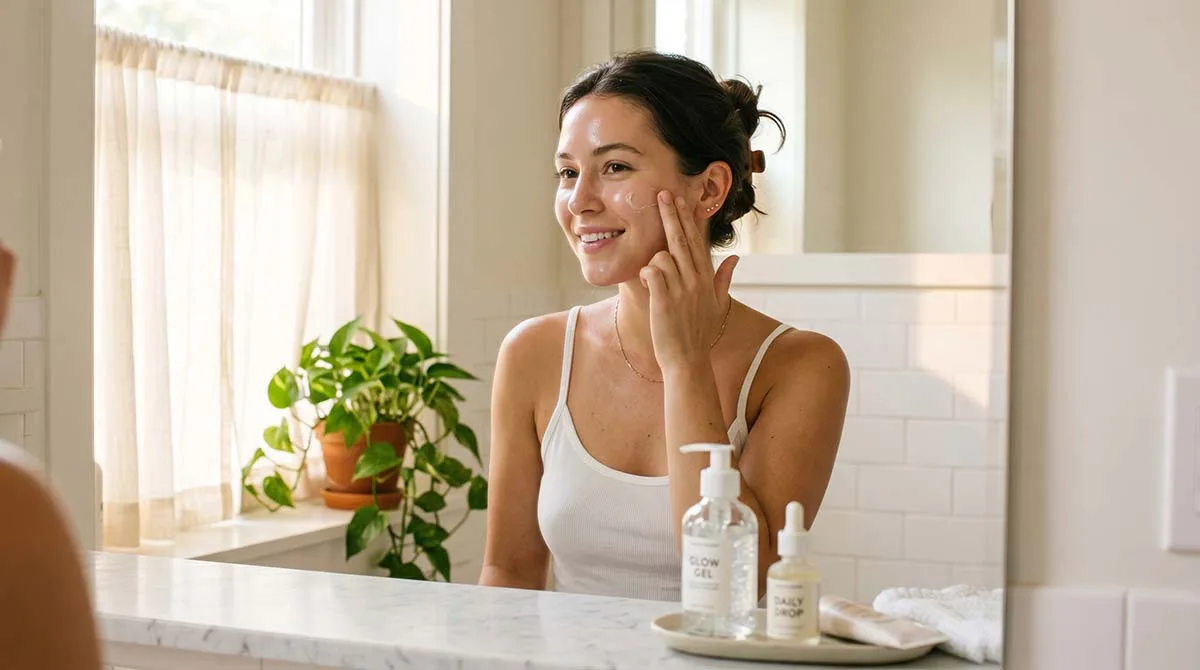 A woman with glowing, well-hydrated skin applying a lightweight gel moisturizer in a bright summer morning bathroom setting
