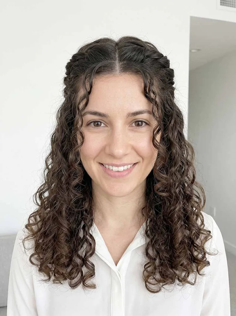 curly half-up twist hairstyle for 2B to 3B curls — easy 2-minute no-heat style for work