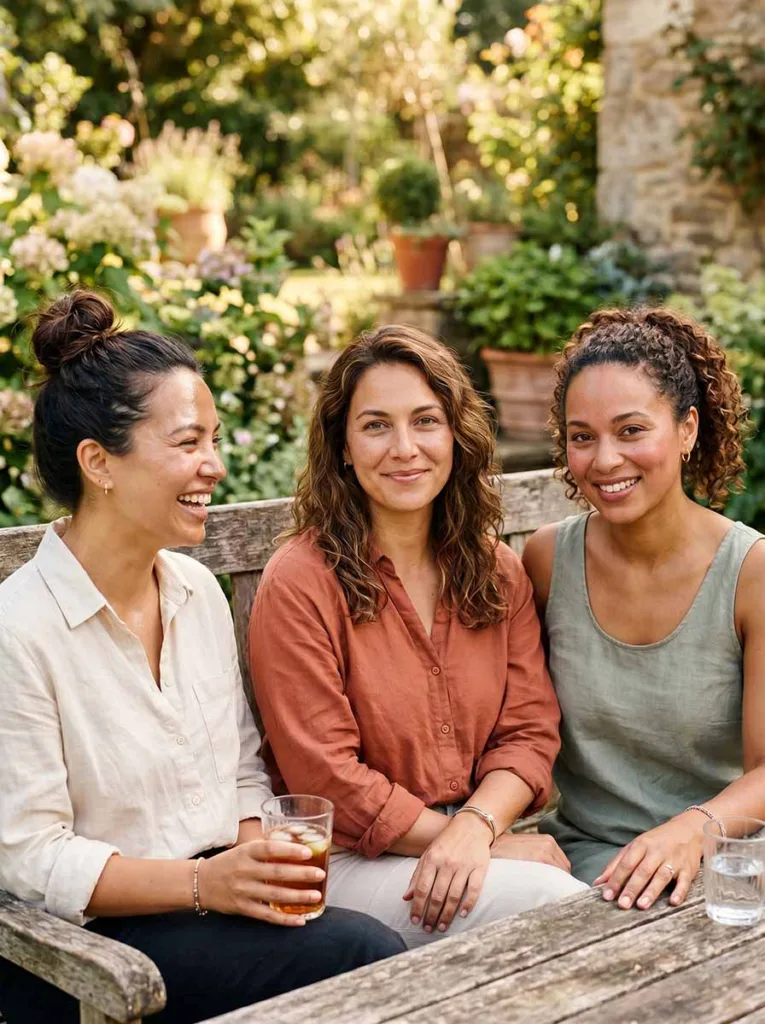 Three women of different skin types sitting together outdoors in summer light — illustrating oily, dry, and sensitive skin needing different moisturizers