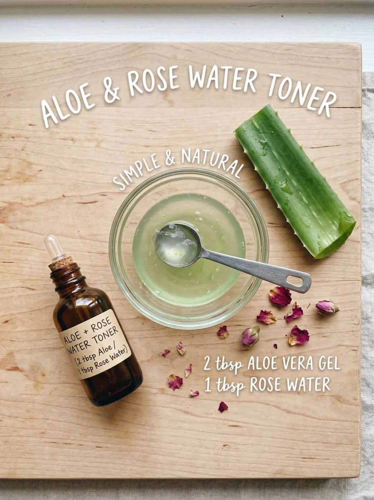 DIY natural skincare toner recipe with aloe vera and rose water for sensitive and oily skin