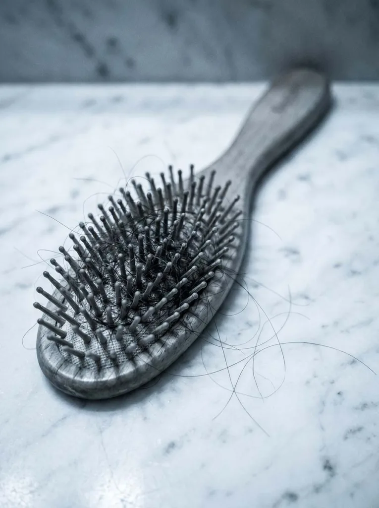 close-up of broken hair strands caught in a brush showing damage from incorrect hair care habits