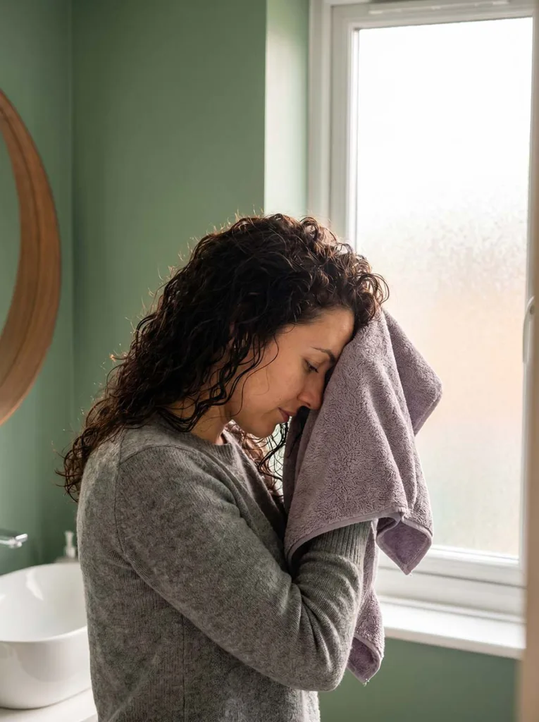 woman pressing microfiber towel gently against wet hair to dry without friction damage
