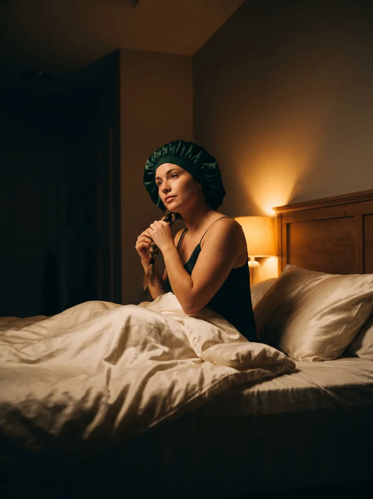 woman in silk bonnet with loose braid sitting on bed with silk pillowcase for nighttime hair protection