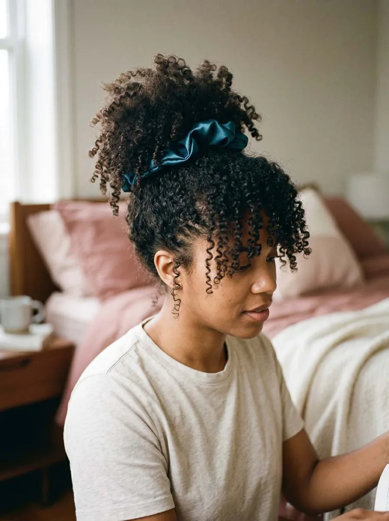 pineapple updo hairstyle for 3A to 4C curly hair — overnight curl protection with satin scrunchie