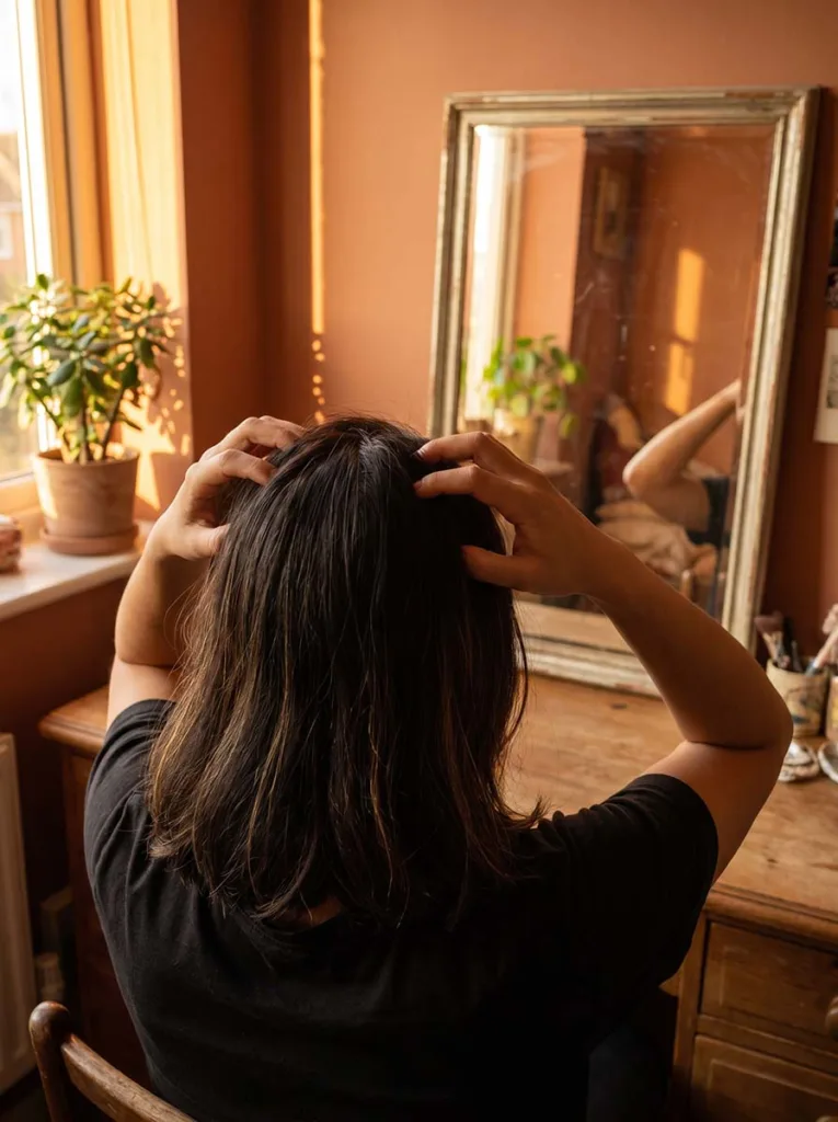 woman doing a scalp massage with fingertips in circular motion to improve hair growth