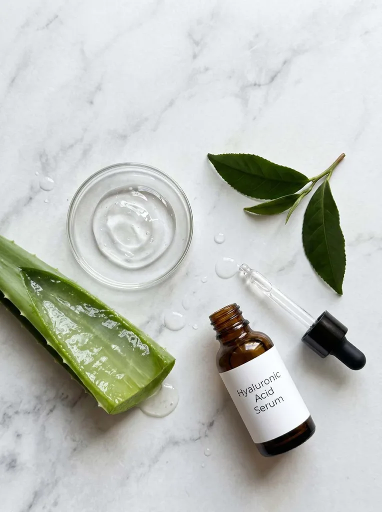 Realistic close-up of natural summer moisturizer ingredients including fresh aloe vera, hyaluronic acid serum dropper, glycerin, and green tea leaves on a marble surface