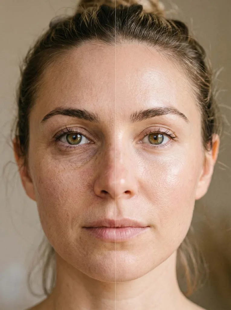 Close-up side-by-side portrait showing dehydrated, tight summer skin on the left and healthy, well-moisturized glowing skin on the right