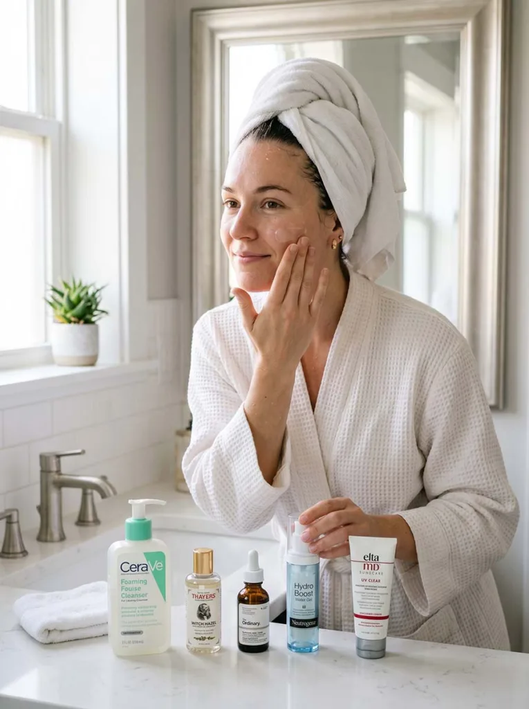 A woman applying lightweight moisturizer to her damp face in the morning as part of her summer skincare routine, with skincare products lined up on the bathroom counter