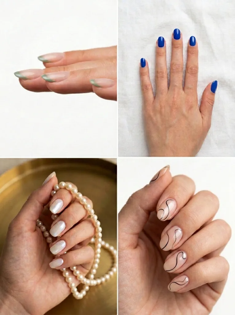 2026 nail art trends collage showing micro french tips cobalt blue glazed sheer nails and minimalist line art on fair skin