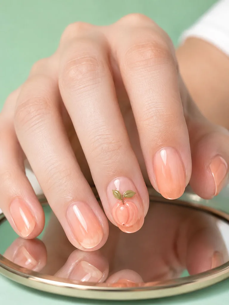 3D peach nail art sculpted accent nail close-up