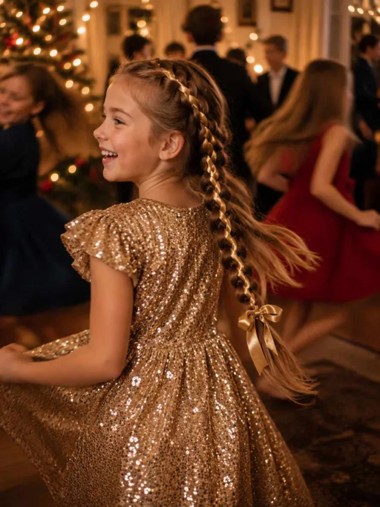 Four strand ribbon braid hairstyle for a Christmas party, a kids christmas hair idea