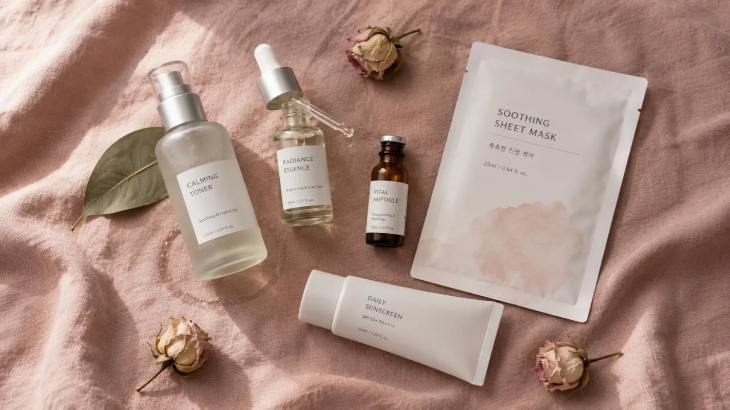 5 approved korean skincare tips products arranged on dusty rose linen including toner essence serum sheet mask and sunscreen