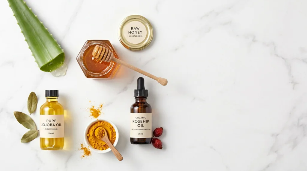5 useful natural skincare ingredients — aloe vera, raw honey, rosehip oil, turmeric, and jojoba oil — arranged on a white marble surface in an overhead flat lay