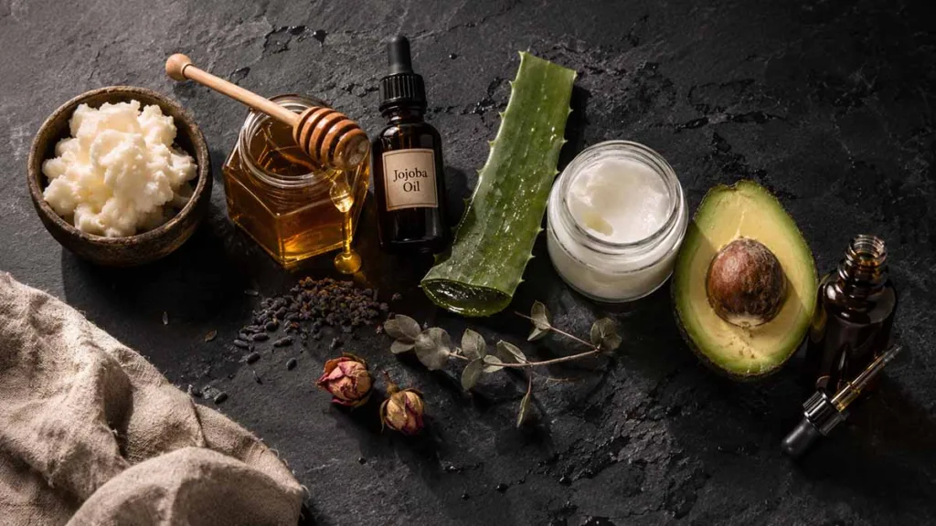 seven best natural ingredients for winter skincare shea butter raw honey jojoba oil aloe vera coconut oil avocado and rosehip oil on dark slate surface