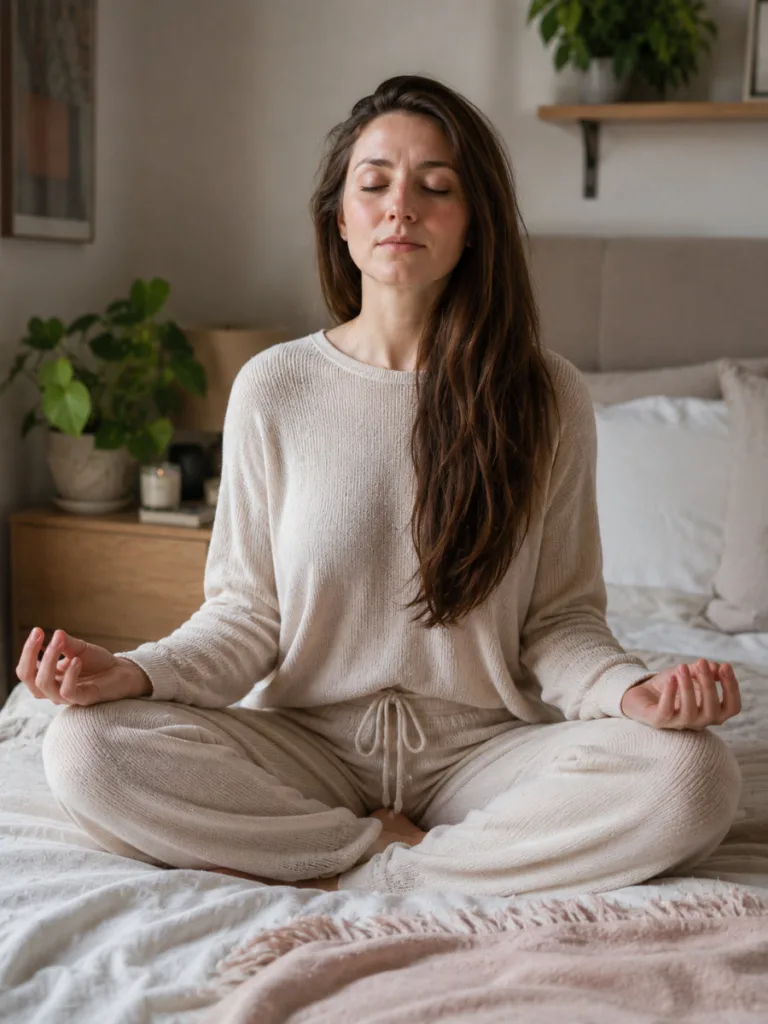 Woman practicing a calm breathing moment to manage stress for hair health