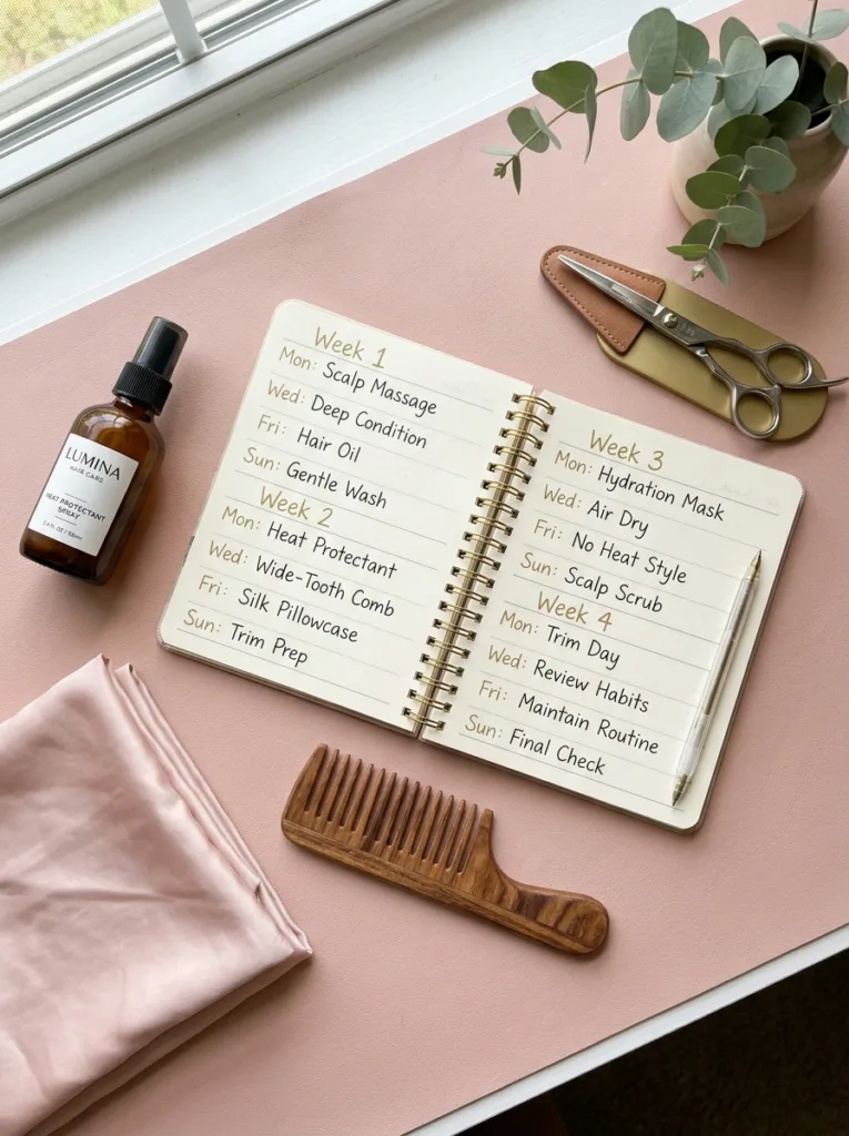 Weekly planner and hair care tools for building healthy hair habits