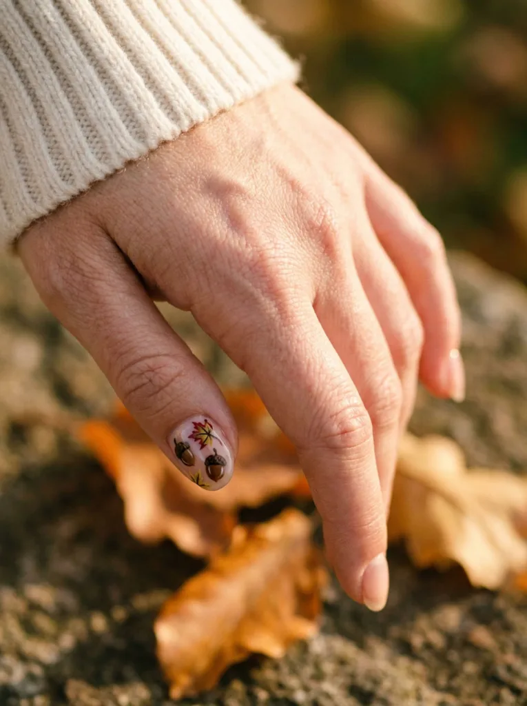 Close-up of acorn and maple leaf nail art on two nails