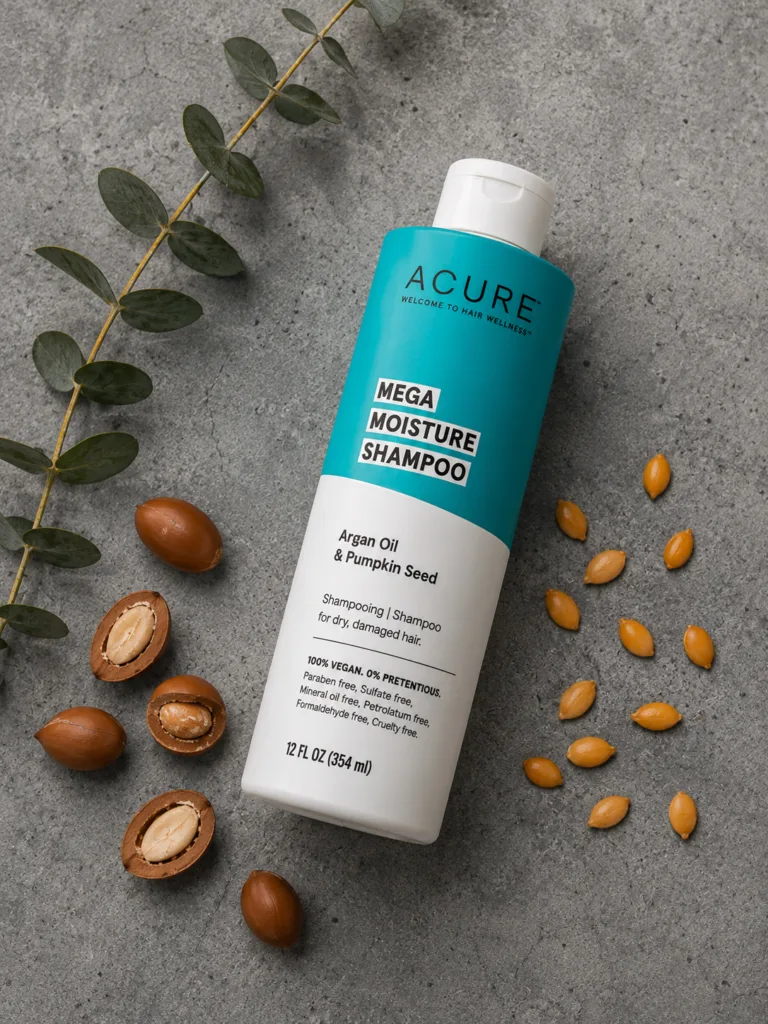 Acure Mega Moisture organic shampoo bottle with argan nuts and pumpkin seeds on a grey concrete surface