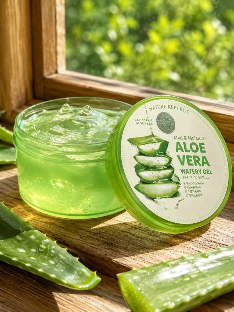 Jar of aloe vera gel beside a fresh aloe leaf on a sunlit windowsill