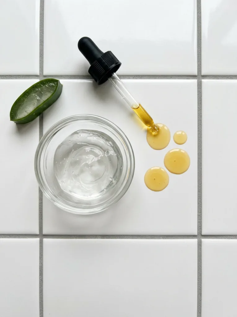 Small glass bowl of clear aloe vera gel beside drops of jojoba oil on a white ceramic tile surface, showing a natural skincare ingredient pairing