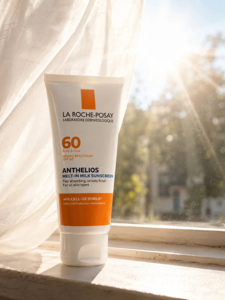 La Roche-Posay Anthelios sunscreen tube with its blue cap on a sunlit windowsill