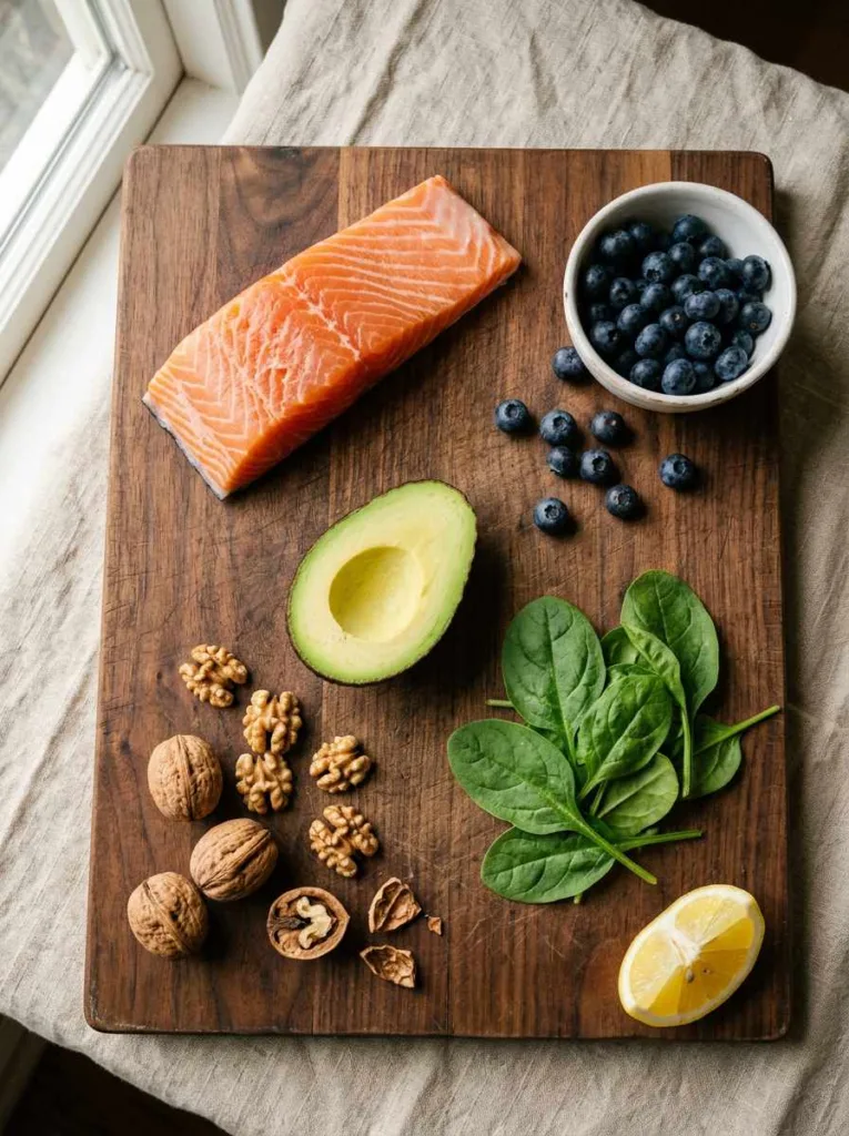 anti-aging foods for skin including salmon fillet blueberries avocado walnuts and spinach on rustic wooden board