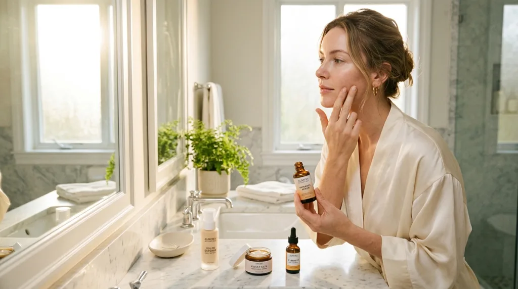 fair-skinned woman in cream silk robe applying vitamin C serum at marble bathroom vanity in soft morning light