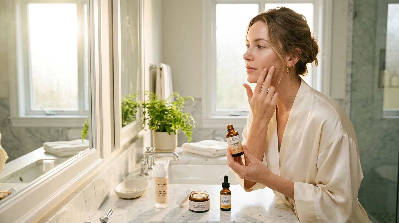 fair-skinned woman in cream silk robe applying vitamin C serum at marble bathroom vanity in soft morning light