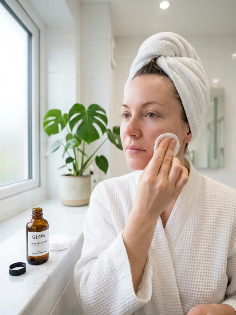 woman with white towel on head applying AHA exfoliant toner with cotton pad to cheek in bright bathroom