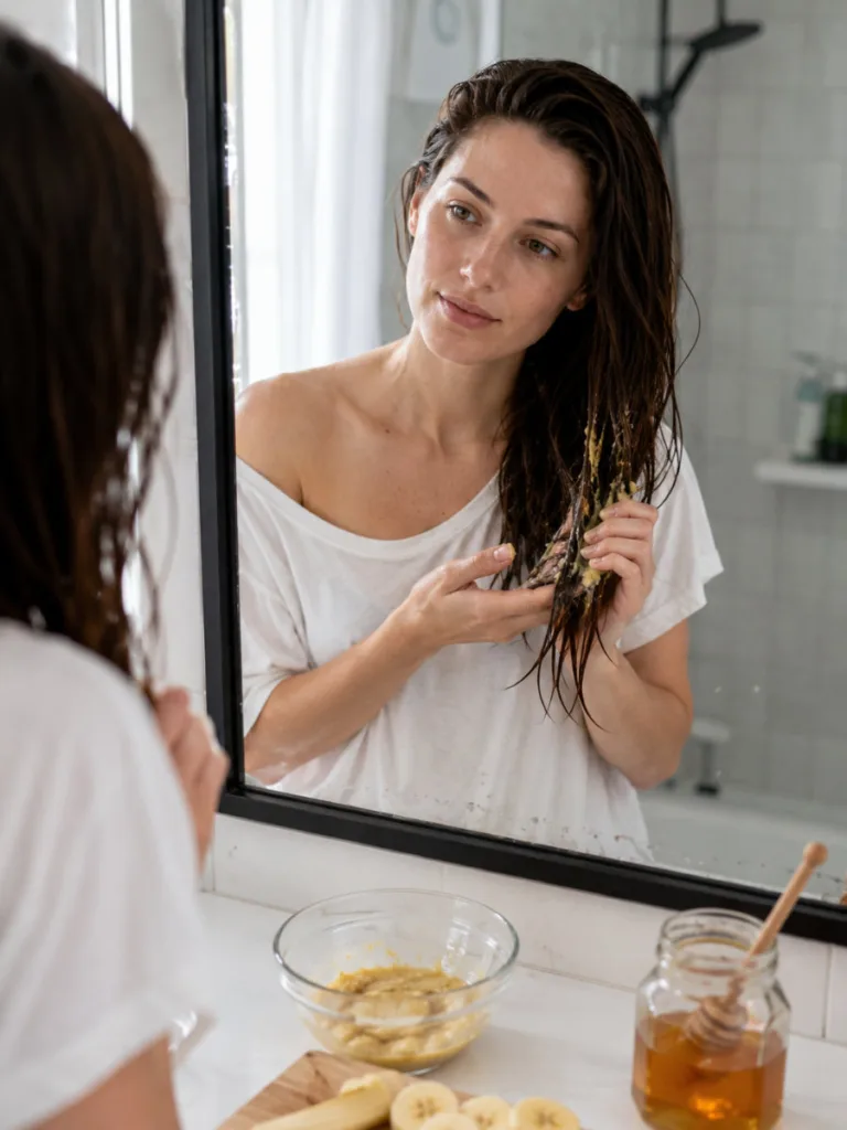 Banana and honey mask being applied to hair ends for overnight hair care