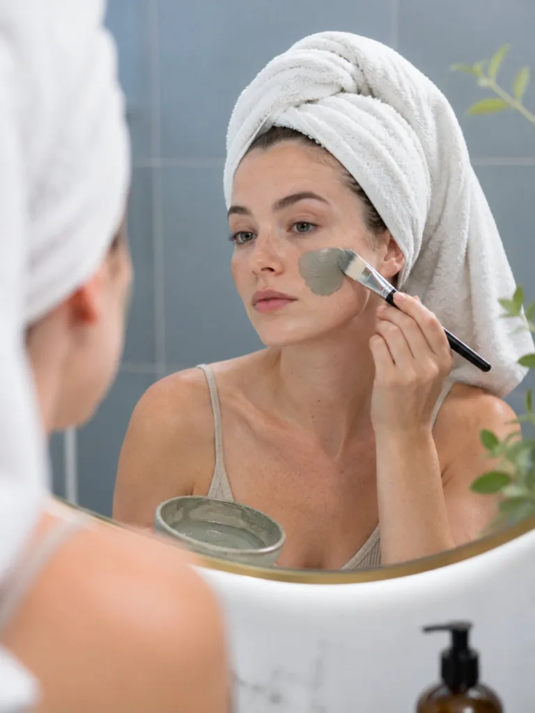 Woman applying a bentonite clay organic face mask in a bathroom mirror