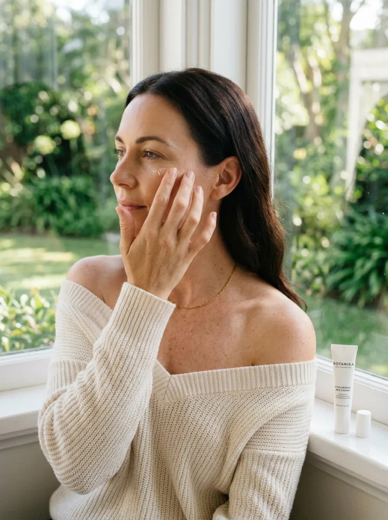 fair-skinned woman in off-shoulder sweater applying eye cream under eye with ring finger near bright window