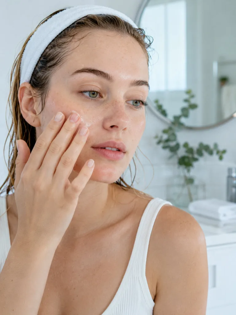 Woman applying lightweight gel moisturizer to oily skin during her morning skincare routine