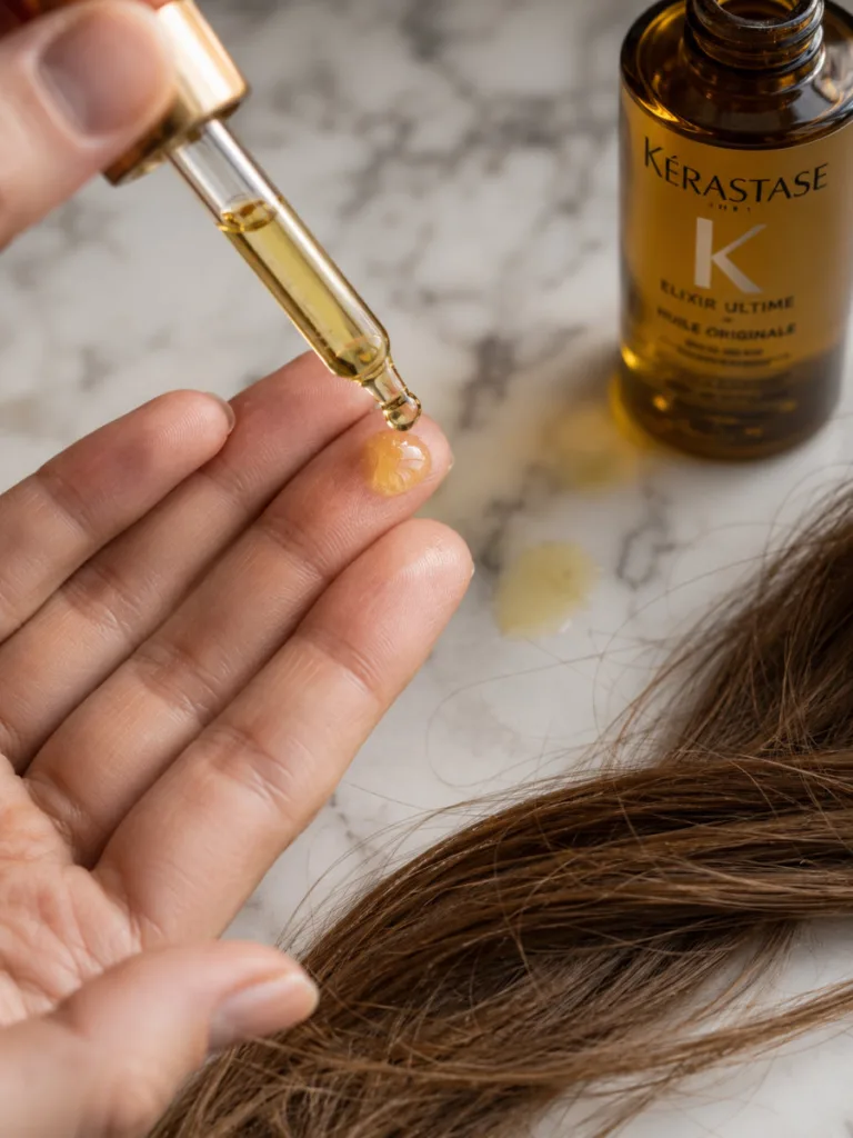 Dropper of lightweight hair oil applied to the ends of long hair