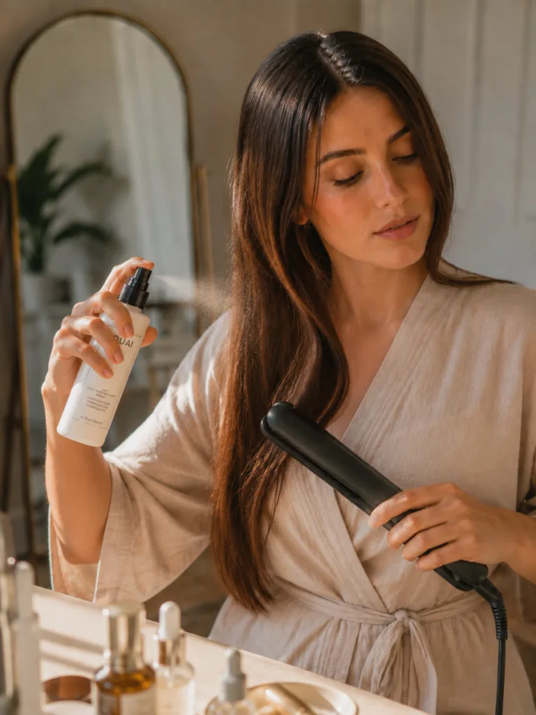 Woman applying heat protectant before using a flat iron on long hair