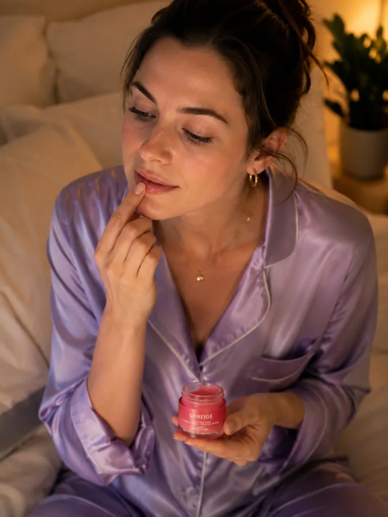 Woman applying Korean lip sleeping mask before bed under warm lamp light