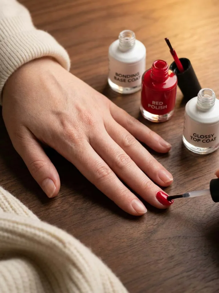 Fair-skin hand applying glossy red nail polish with a detail brush during an at-home manicure