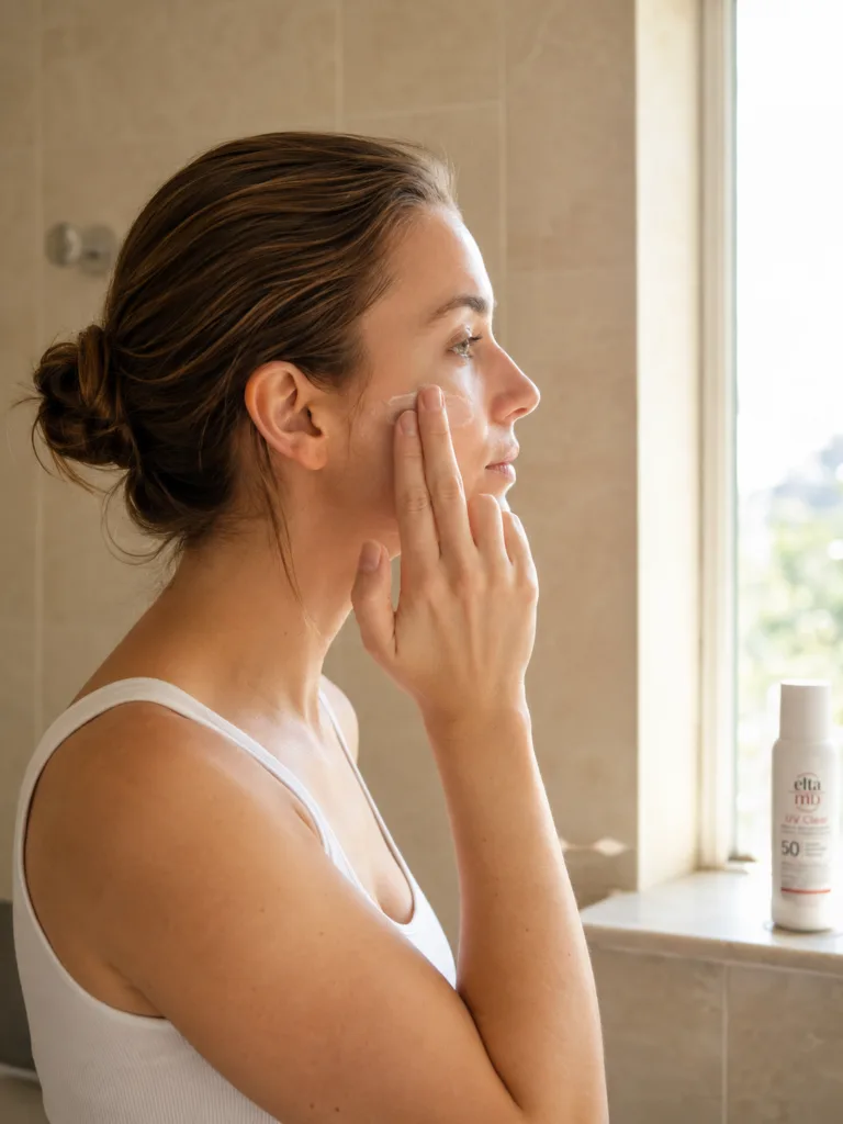 woman with fair skin applying white sunscreen to cheekbone as final morning skincare step before leaving home