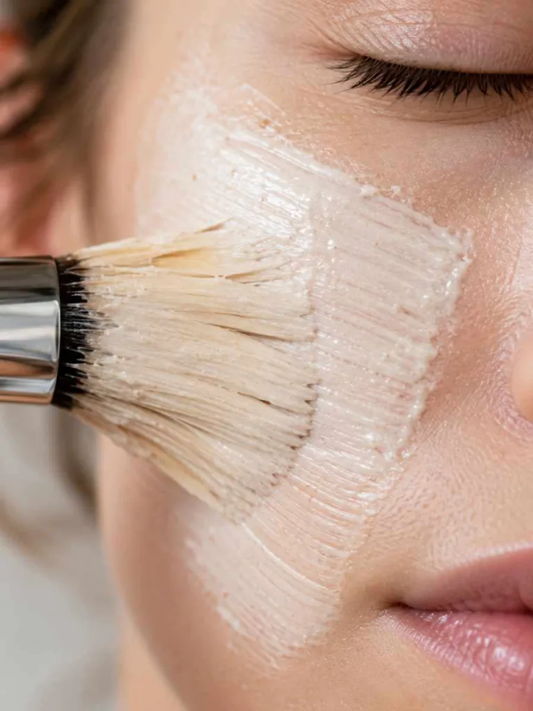 Close-up of an organic face mask being applied with a soft brush