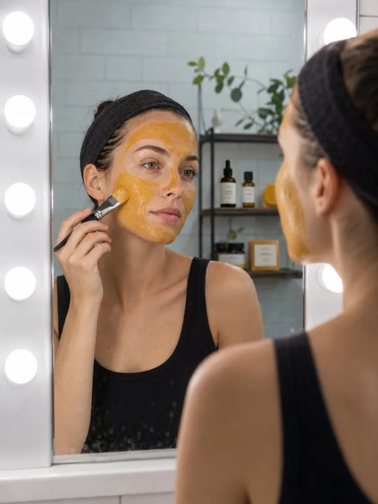 Woman applying a turmeric clay mask with a brush in front of a bathroom mirror